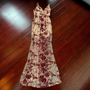 Nude Long Maxi Dress w/ Maroon Embroidered Florals
